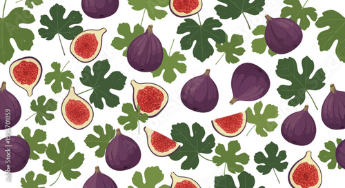 Fresh Figs and Leaves Pattern, Ripe Purple Fruit, Healthy Food Illustration