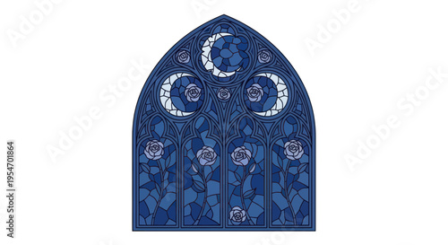 Gothic Stained Glass Window with Crescent Moons and Roses, Celestial Art Nouveau Design