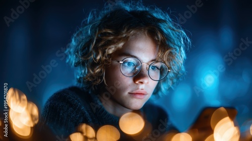This captivating image shows a young person with glasses, completely absorbed in the soft glow of their smartphone, symbolizing contemporary youth and digital engagement.