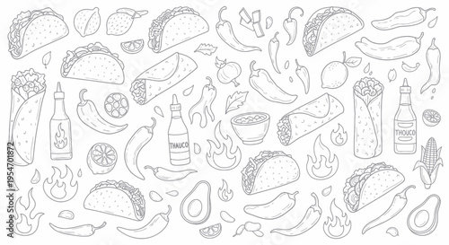 Hand-Drawn Mexican Food Fiesta: Tacos, Burritos, Peppers, Limes, and Sauces