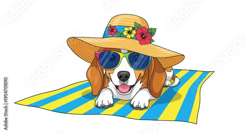 Happy beagle dog wearing sunglasses and sun hat, relaxing on beach towel