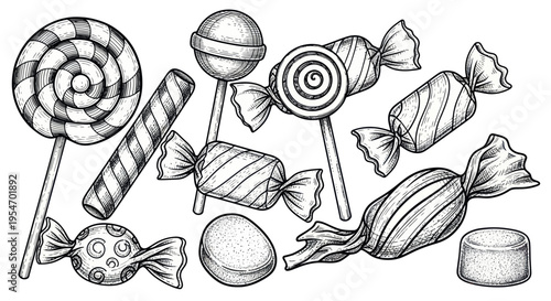 Hand-drawn Assortment of Candies and Lollipops, Black and White Sketch
