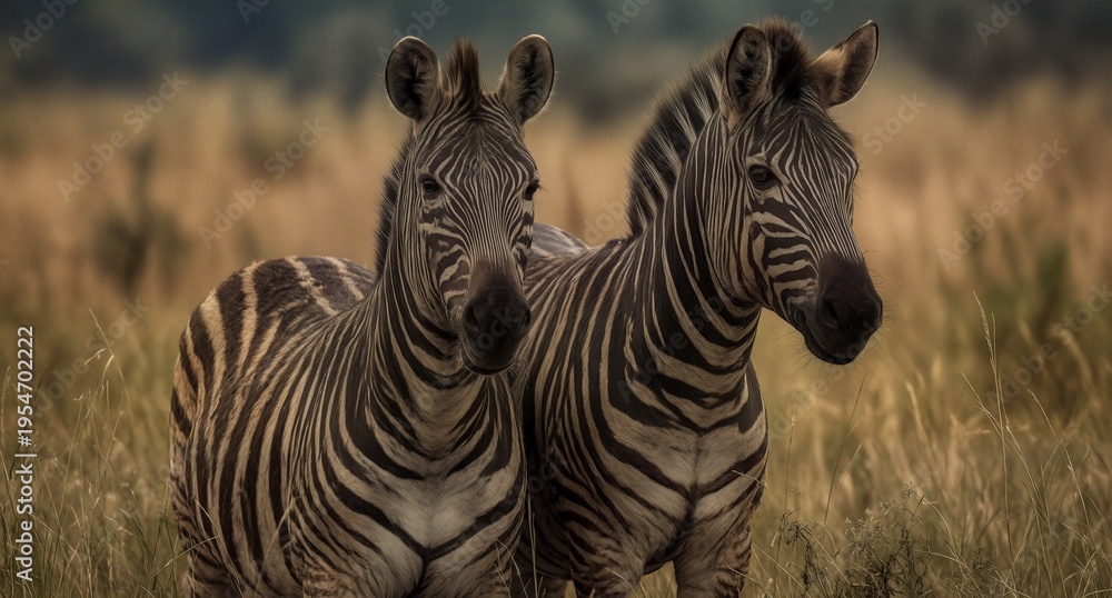 Fototapeta premium two zebras standing together in golden savanna grasslands during golden hour.