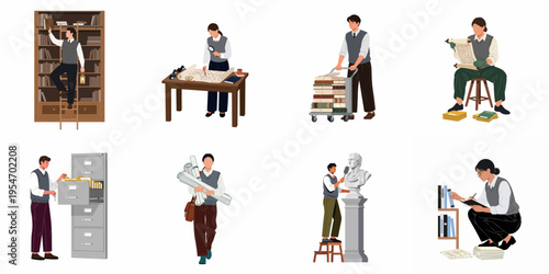 Flat vector illustration set of librarians, archivists and researchers working with books, maps, and artifacts in a classic library or museum setting.