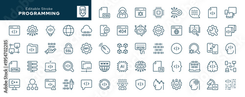Programming and coding. Set of outline icons. Computer program, information technology, code, data, artificial intelligence, digital and more. Line icon in linear style. Vector collection	
