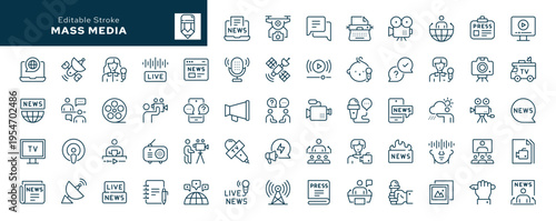 Mass media and journalism. Set of outline icons. TV show, program, news, report, video and interview and more. Line icon in linear style. Vector collection	