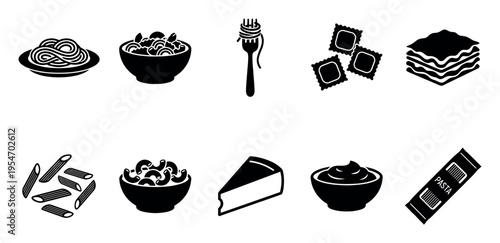 A black and white vector illustration features a collection of stylized pasta icons, showcasing various dishes and ingredients for a complete culinary concept.
