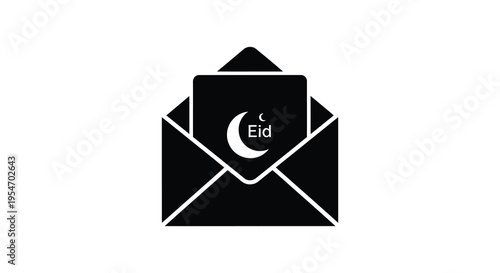 A black envelope graphic displaying a crescent moon and Eid text a festive silhouette high quality