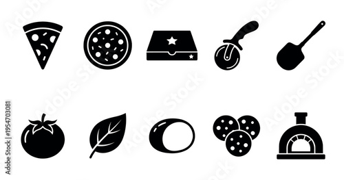 A collection of simple black icons representing various pizza elements including a slice, whole pizza, box, cutter, peel, tomato, basil, cheese, and oven.