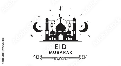A festive eid mubarak graphic featuring a mosque and crescent moons depicted in silhouette high quality