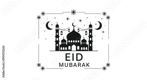An eid mubarak greeting card featuring a mosque and crescent moons in a dark silhouette