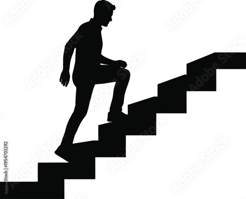 Silhouette of man climbing stairs upward for success and career growth