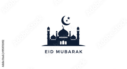 A dark blue eid mubarak graphic featuring a mosque and crescent moon silhouette high quality professional