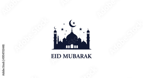 A dark silhouette of a mosque and crescent moon with eid mubarak text below silhouette
