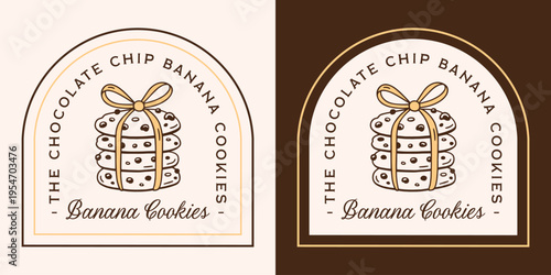 Banana bread chocolate chip cookies flavor label healthy homemade vegan sugar gluten free sticker logo design. Soft cookie stack with yellow bow drawing retro vintage aesthetic bakery packaging print.