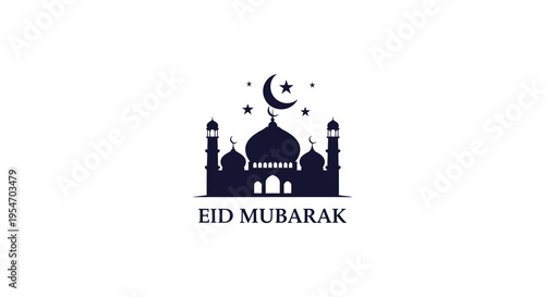 A dark blue islamic mosque with a crescent moon and stars decorated for eid mubarak silhouette