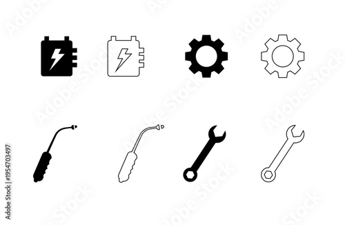 A collection of black and white icons representing tools and machinery