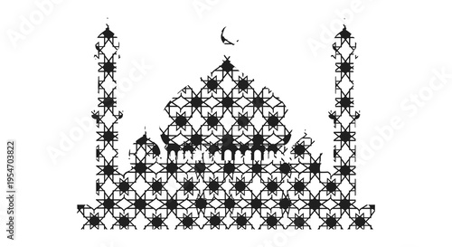 Intricate black geometric design of a mosque with a crescent moon a striking silhouette high quality