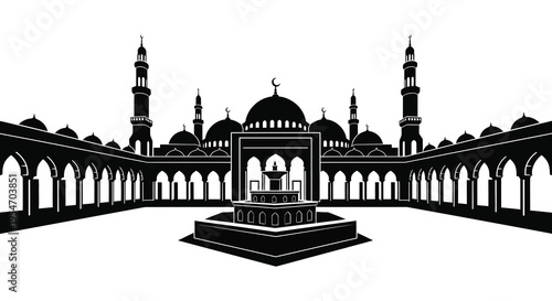 A striking black and white depiction of a grand mosque courtyard showcasing islamic architecture silhouette