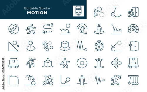 Motion. Set of outline icons. Movement, move, swing, rotary, rotation, bounce, active, speed, dynamic, position, acceleration and more. Line icon in linear style. Vector collection	