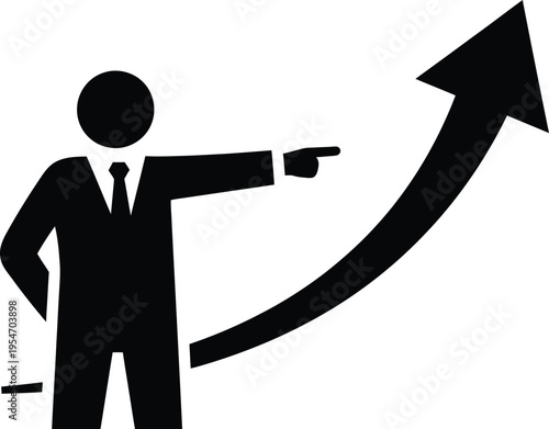 Manager pointing towards a rising arrow graph, indicating growth