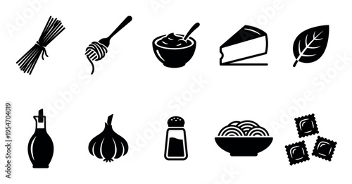 A collection of black and white icons representing various Italian food ingredients and dishes, perfect for culinary themes and recipes.