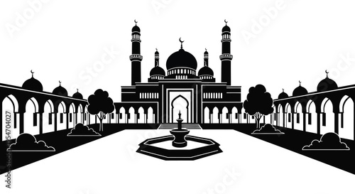 A striking black and white illustration of a mosque with a symmetrical garden and fountain silhouette