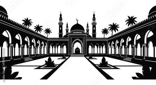 A striking black and white illustration of a majestic mosque with palm trees a bold silhouette