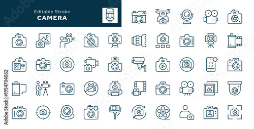 Camera. Set of outline icons. Photo camera, video camera, digital camera, photography, photographer, videographer, shooting, image, lens and more. Line icon in linear style. Vector collection	