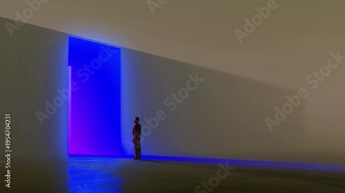 Man standing near glowing doorway casting long shadow in abstract space. Concept of virtual systems, digital transformation, immersive environments, access points and future driven technology spaces.