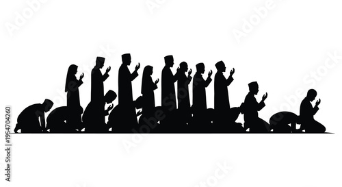 A line of people in prayer varying positions and attire depicted in stark black silhouette
