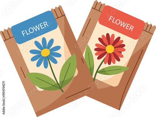 Vector illustration of flower seed packets featuring blue and red blossoms, gardening supplies, planting tools, agriculture, and horticulture icons.