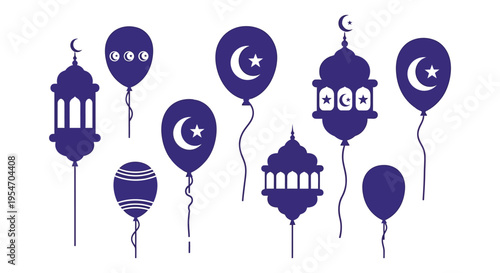 Festive ramadan balloons and lanterns in deep purple creating a celebratory silhouette high quality professional detailed