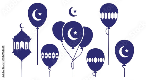 Elegant ramadan decorations featuring balloons crescent moons and a lantern silhouette high quality professional detailed modern