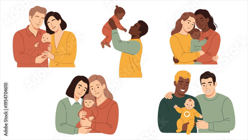 Parenthood and Adoption – Diverse Straight and Gay Couples Holding Babies, Flat Cartoon Vector Illustration, Isolated on White Background