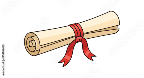 Antique Rolled Paper Scroll with Red Ribbon Bow Isolated on White Background - Vector Illustration for Diploma, Certificate, or Vintage Message