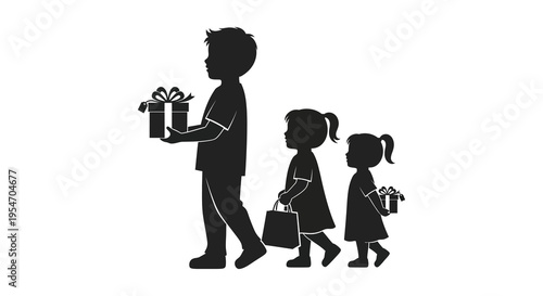 A family of three walks a child carrying a gift showcased in a striking silhouette