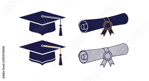 Graduation Cap and Diploma Scroll Icon Collection in Navy and Gold - Academic Achievement, University Degree, and Commencement Ceremony Symbols