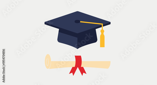 Graduation Cap and Diploma Scroll Vector Illustration. Flat Icon for Academic Success, University Commencement, and Education Achievement on White Background.