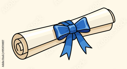 Cartoon Graduation Diploma Scroll Tied with Blue Ribbon Bow. Vector Illustration of Academic Certificate or Degree Achievement Award.