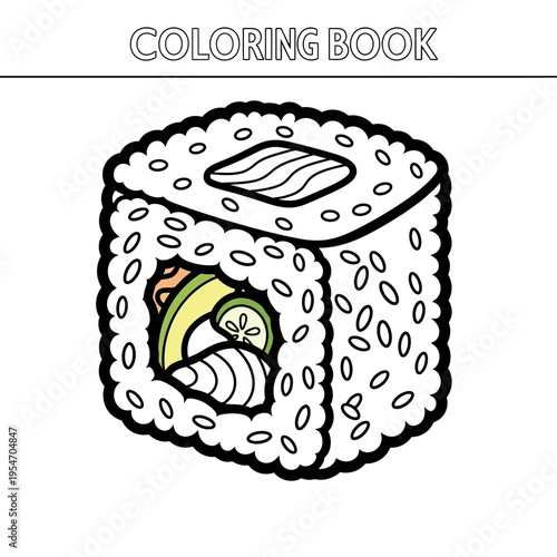Coloring book page with a sushi roll illustration