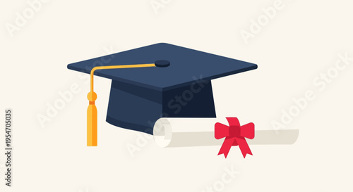 Academic graduation cap and rolled diploma icon with red ribbon. Education and success concept illustration.