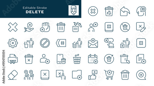 Delete. Set of outline icons. Erase, trash can, remove, wrong, bin, cross, button, basket, cancel, undo, throw, refuse and more. Line icon in linear style. Vector collection	

