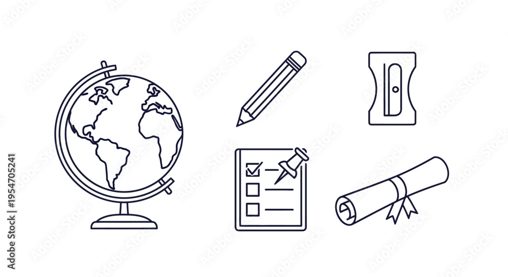 Naklejka premium Education and School Line Icons Set Featuring Globe, Pencil, Sharpener, Checklist, and Diploma Scroll