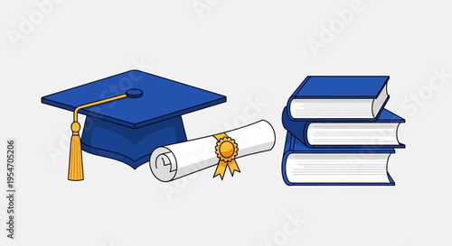 Academic Graduation Set with Blue Mortarboard Cap, Diploma Scroll, and Stack of Books. Flat Vector Illustration for Education and Achievement