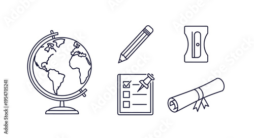 Education and School Line Icons Set Featuring Globe, Pencil, Sharpener, Checklist, and Diploma Scroll
