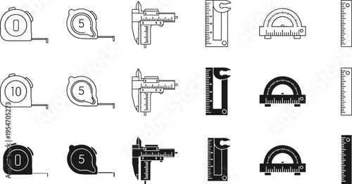 Vector illustration set of measuring tools featuring tape measures, calipers, rulers, protractors, engineering instruments, and educational math icons.