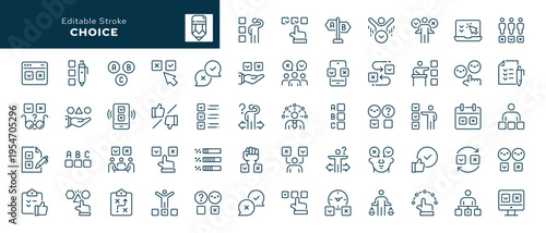 Choice. Set of outline icons. Pick, selection, option, checkmark, cross, decision, choose, survey, vote, election, opinion and more. Line icon in linear style. Vector collection