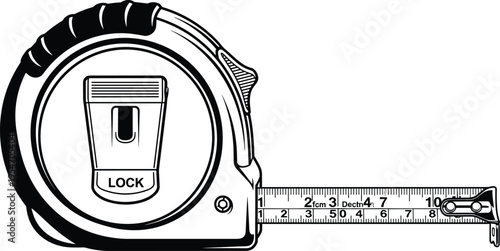 Detailed retractable tape measure with lock button and centimeter and inch markings, vector tool illustration for construction and carpentry