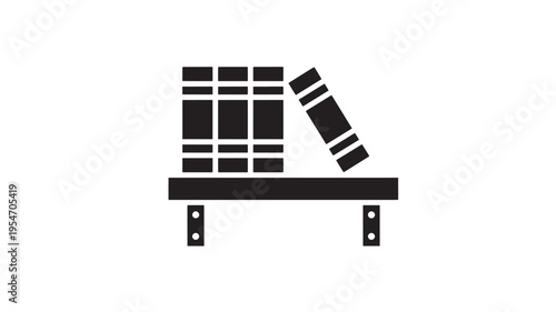 Bookshelf icon with stacked books and a leaning book, representing knowledge and literature in a simple silhouette style.
